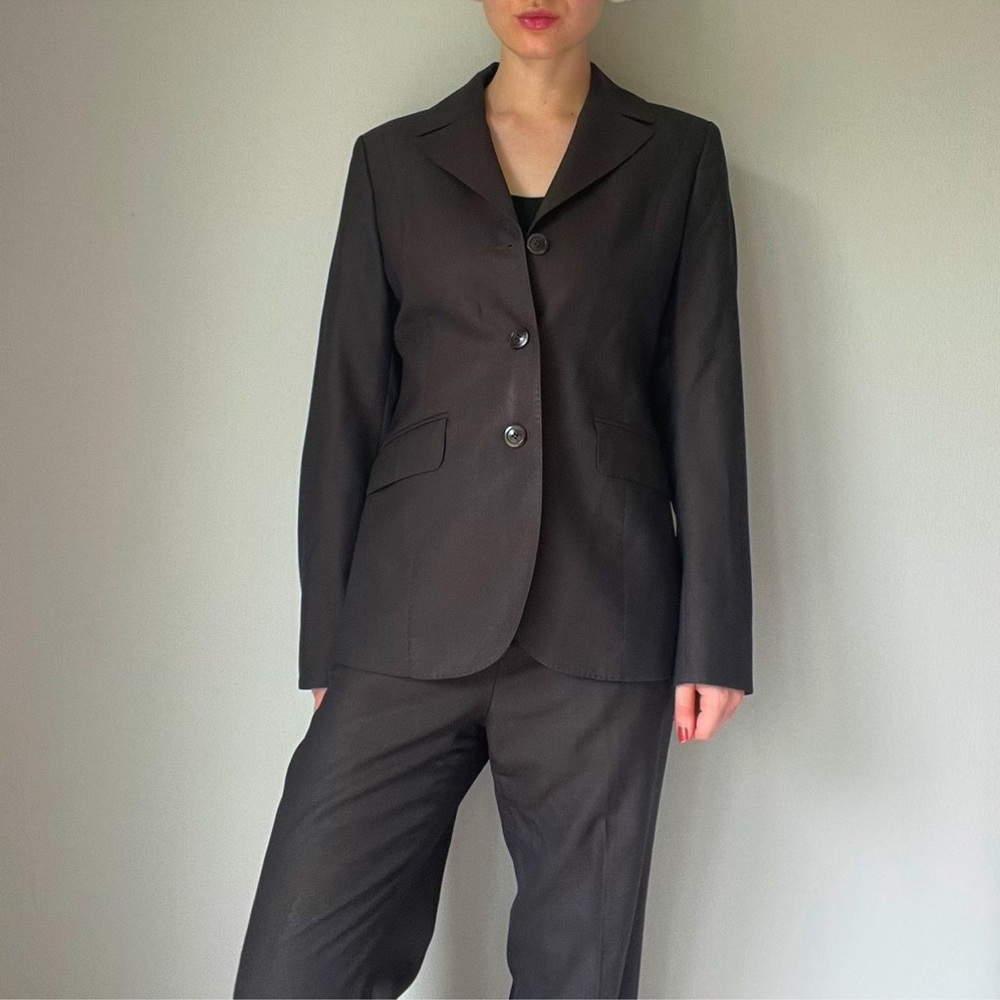 100% wool Santorelli brown Italian blazer mid rise straight long leg suit set - Picture 3 of 9